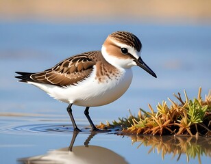 A small shorebird stands in shallow water, its plumage a mix of brown and white.  Tranquil scene