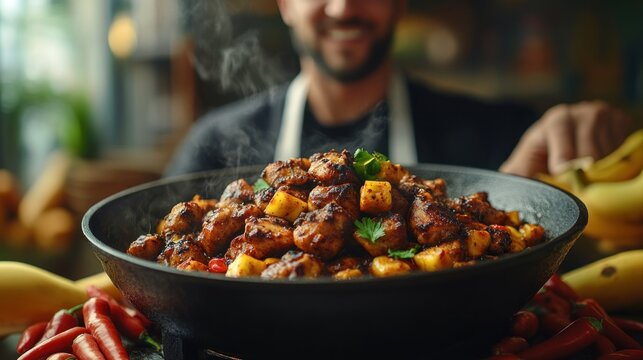 Spicy, savory dish in a large pan, steaming hot, prepared by a smiling chef