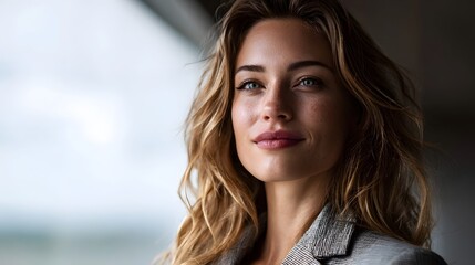 Fototapeta premium A confident businesswoman with blonde hair and blue eyes smiles gently wearing a professional blazer illuminated by natural light near a window
