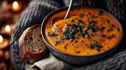 Warm and inviting bowl of creamy pumpkin soup with fresh herbs, served with crusty bread and flickering candles.