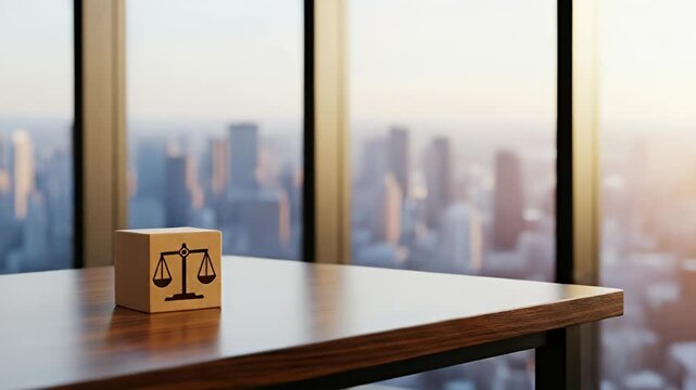 Justice in the City: Scales of Justice on a Wooden Block with Skyline View