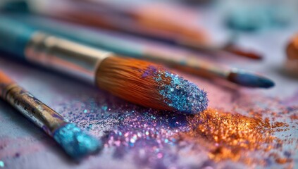 Fototapeta premium Artistic paintbrushes with glittering pigments