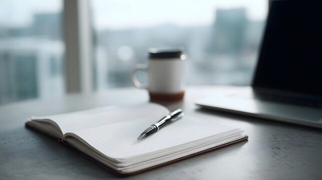 Open notebook and pen on a modern desk beside a laptop and mug with a blurred city skyline in the background during the day