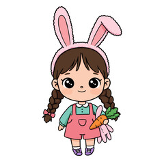 Cartoon girl with bunny ears pink overalls holding carrot and bunny plush.