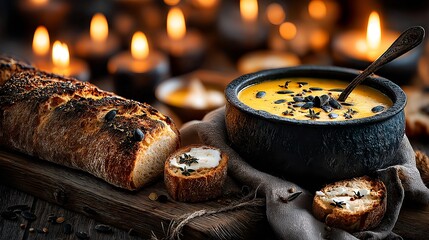 Cozy autumn dinner with soup, bread, and candles, warm atmosphere.