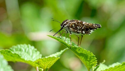 A small, speckled insect rests on a vibrant green leaf.  Close-up view