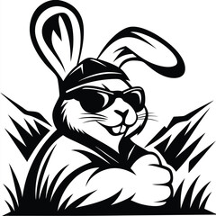 Cool monochrome rabbit wearing sunglasses sits proudly amongst abstract grass and mountains
