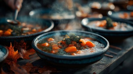 Hearty Stew Served in Bowls, Autumnal Setting.