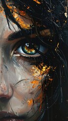 Close-up of a woman's face, expressive eyes, and textured paint