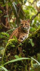 A small, spotted cat rests on a mossy forest branch. Lush foliage surrounds it