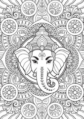 Intricate Line Art of Lord Ganesha with Sacred Symbols, Intricate Mandala Line Art for Coloring