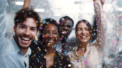 Diverse team celebrates business success with a cascade of colorful confetti