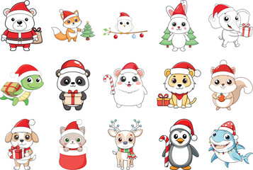 Cute Christmas Animal Characters with Santa Hat and Gifts