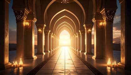 Obraz premium Hallway at Sunset with Arches and Candlelight