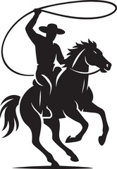 A vector silhouette of a wild west cowboy riding a running horse wipe rope in hand