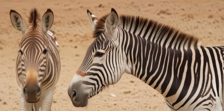 Close-up of a zebra and donkey  The zebra's stripes are visible, and the donkey is brown  The background is clean, pure white, donkey, equidae, animal