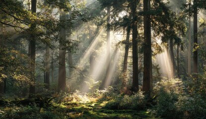 Sunlight streams through a dense forest