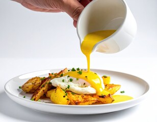 Creamy sauce poured over poached egg and roasted potatoes