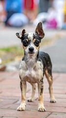 A small, spotted dog stands on a brick street.  Blurred background of people