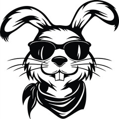 Cool rabbit wearing sunglasses and a bandana projects confidence in a monochrome image