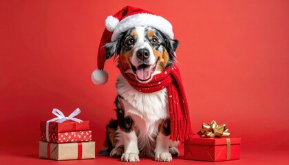 Festive dog with Christmas gifts