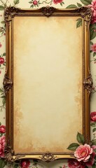 Distressed vintage floral wallpaper with yellowed paper and ornate gold frames, worn, distressed, classic decor