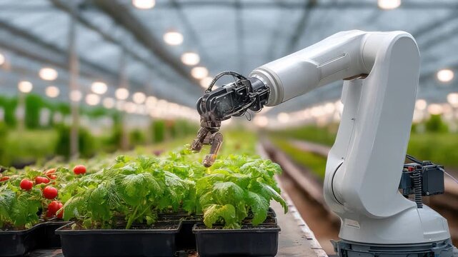Robotic Precision in the Greenhouse: A futuristic robotic arm meticulously tends to a vibrant row of plants inside a state-of-the-art greenhouse, symbolizing the intersection of technology and nature.
