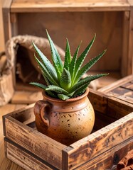 A small succulent plant in a rustic terracotta pot, nestled within a wooden crate