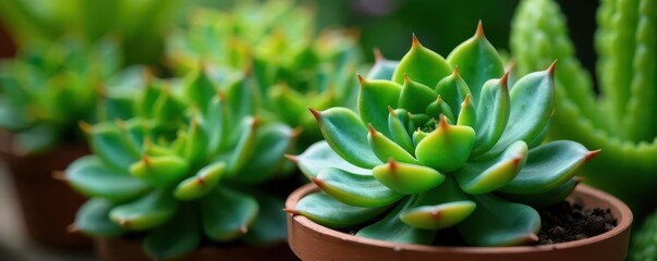 Fototapeta premium Succulent plants with green leaves in a garden pot , summer, succulents