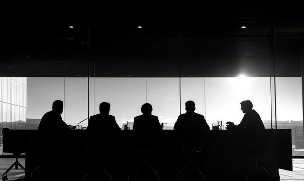 Silhouette of a group of business professionals engaged in a meeting or brainstorming session in a modern boardroom, Generative AI