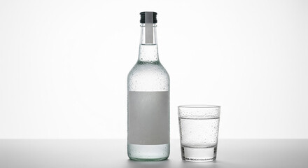 Cold Soju Bottle with Water Droplets and Glass