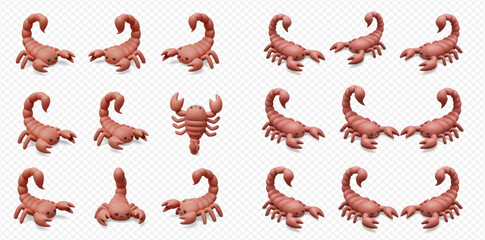 Multiple cartoon scorpions are arranged in rows, facing different directions, including one facing forward.