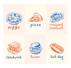Whimsical hand drawn street food and fast food, Drawings food illustrations, pizza, sandwich, croissant, burger, line art sketch poster and postcard