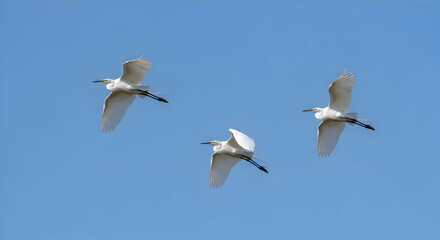Fototapeta premium Elegant flight of three white egrets against a backdrop of clear blue sky during daytime