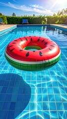 Watermelon inflatable ring in a swimming pool
