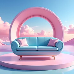 Pastel pink and teal sofa against a dreamy sky