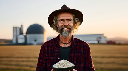Smiling farmer holding grains with farm buildings in background at sunset.