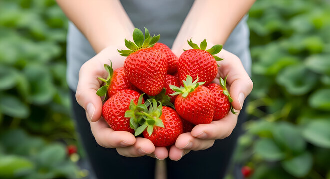 Freshly picked strawberries held in hands at a strawberry farm perfect for summer and healthy