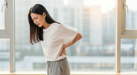Asian woman experiencing back pain near a window.