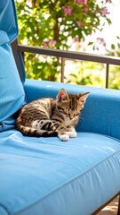 A small tabby kitten rests peacefully on a blue outdoor patio chair,  background is a lush garden