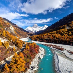 Autumnal mountain valley with turquoise river
