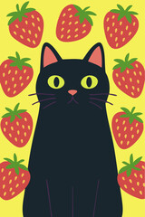 Whimsical illustration of a black cat surrounded by red strawberries on a patterned background.