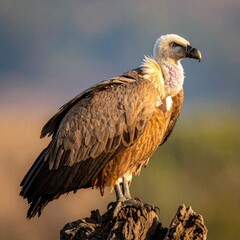 Fototapeta premium A majestic vulture perched on a tree stump
