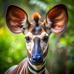 Okapi portrait with large ears in a zoo setting. Close-up of a captivating okapi's face with expressive eyes and unique markings.