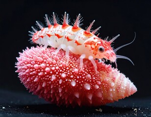 Close-up of a colorful, spiky marine creature on a pink sea urchin
