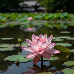 Beautiful Pink Lotus Flower in Pond.