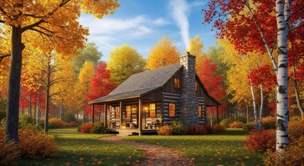 Beautiful Autumn Landscape with Rustic Cabin in a Forest Scenery