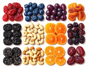Assorted dried fruits and nuts arranged in a grid pattern (2)