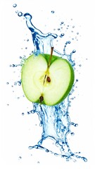 Fresh green apple half in a water splash