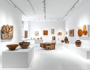 Modern art gallery interior with wood sculptures and paintings